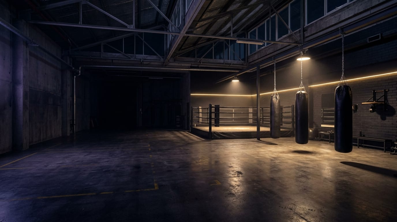 The PlayGym.io gym floor at night: a lit ring and heavy bags