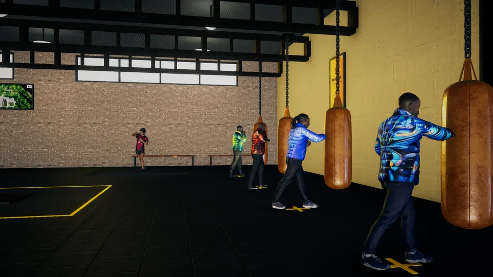 In-game: boxers training on the heavy bags in PlayGym